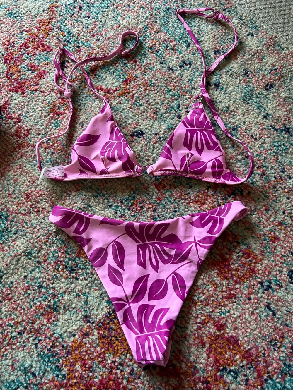 SHEIN Pink Purple Leaf Print Triangle Bikini - Picture 2 of 3